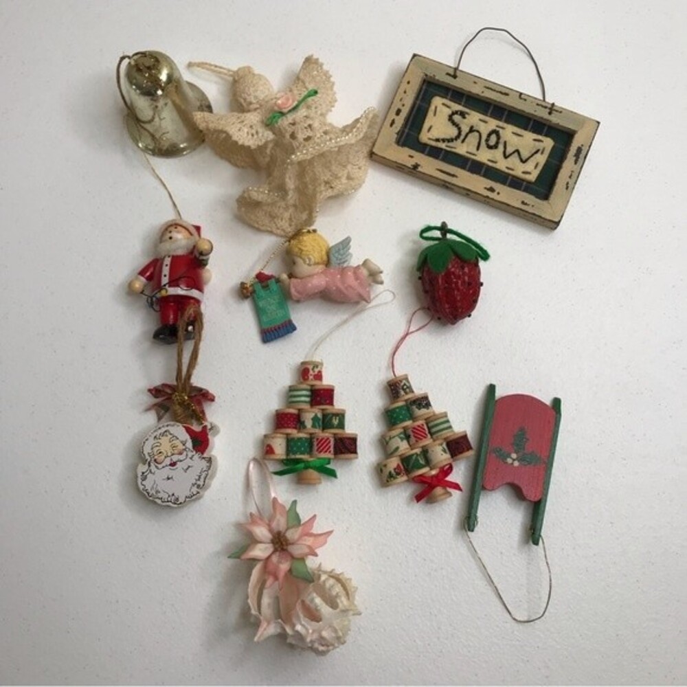 Vintage Assorted Christmas Ornaments Brass Bell Handmade Needlepoint Crochet Lot